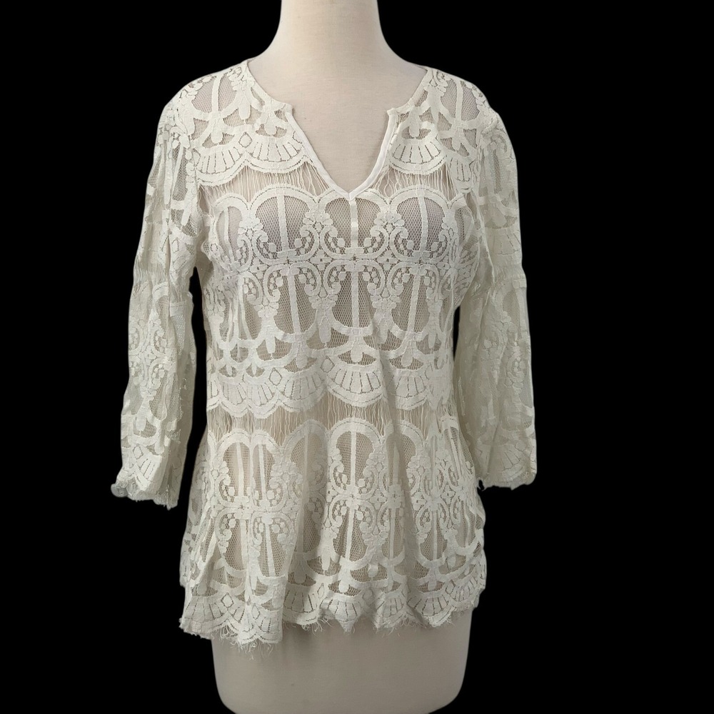 Valerie Stevens Women's 3/4 Sleeve Pullover Lace‎ Top V-Neck Sheer White Size S